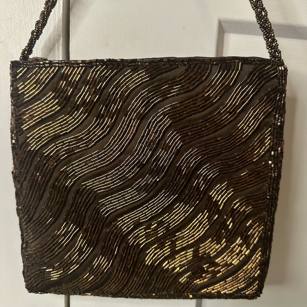 Clovis Ruffin Beaded Evening Shoulder Bag - Brown & Gold